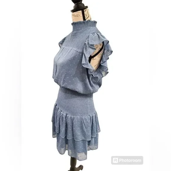 Aqua Ruffle Dress Smocked Short Sleeve Blue Swiss Dot Womens size Large - Picture 3 of 15
